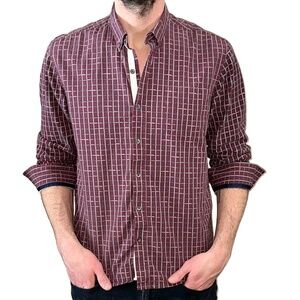 WRK Mens Maroon Grid Long Sleeve Button-Down Casual Reworked Shirt Size L